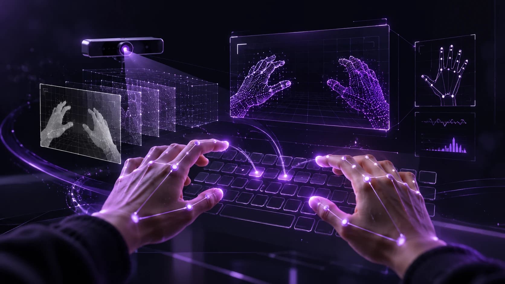 Illustrative concept artwork of hand tracking and gesture recognition above a virtual keyboard.