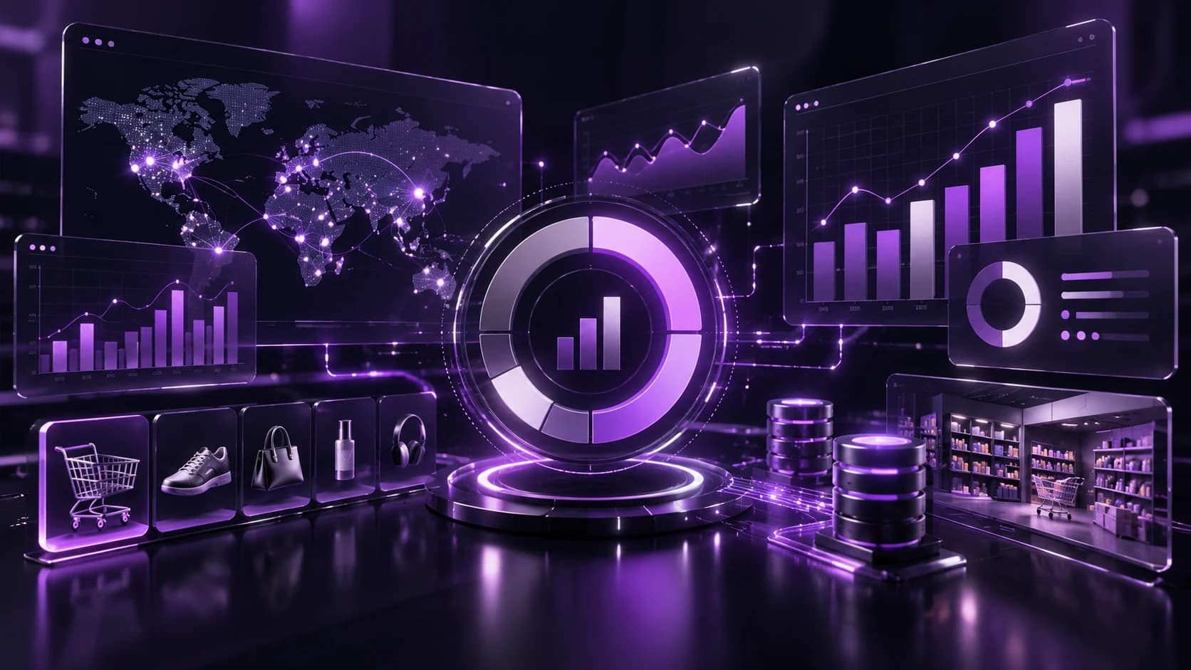 Illustrative concept artwork for retail analytics with charts, KPI panels, a world map, and product data; not a dashboard screenshot.